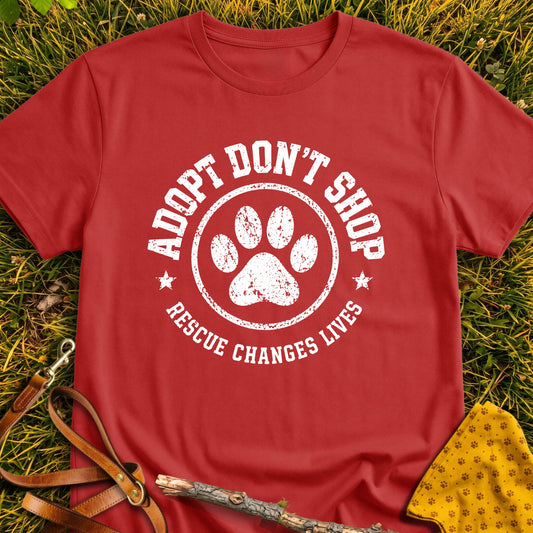 Adoption Badge T-shirt in Red - Furever Mode rescue dog tee