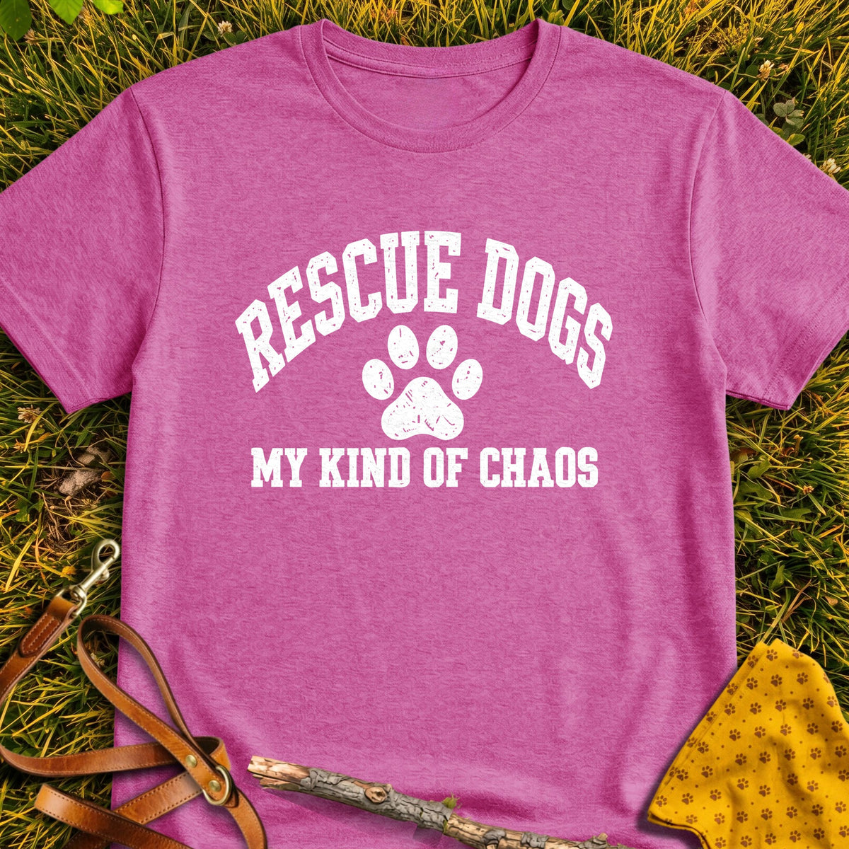 Rescue Chaos T-shirt in Heather Berry - Furever Mode rescue dog tee