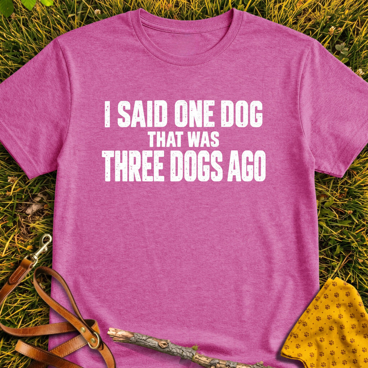 Three Dogs Ago T-shirt in Heather Berry - Furever Mode rescue dog tee