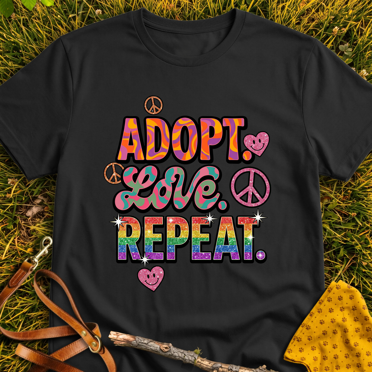 Adopt Love Repeat Retro T-shirt T-shirt in Black - Furever Mode rescue dog tee