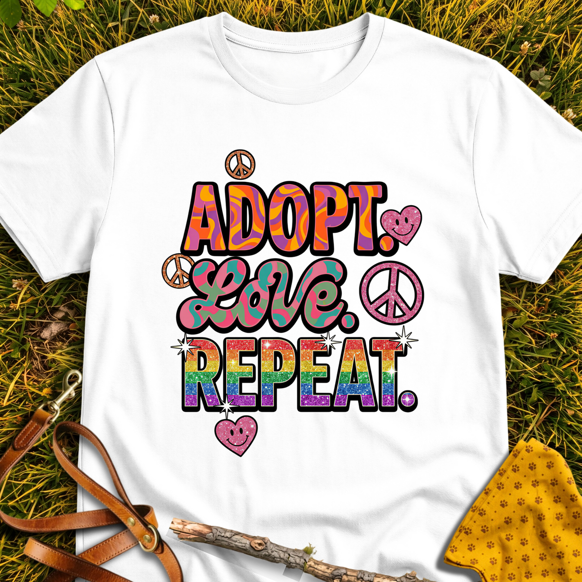 Adopt Love Repeat Retro T-shirt T-shirt in White - Furever Mode rescue dog tee