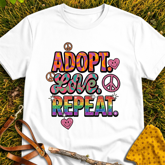 Adopt Love Repeat Retro T-shirt T-shirt in White - Furever Mode rescue dog tee