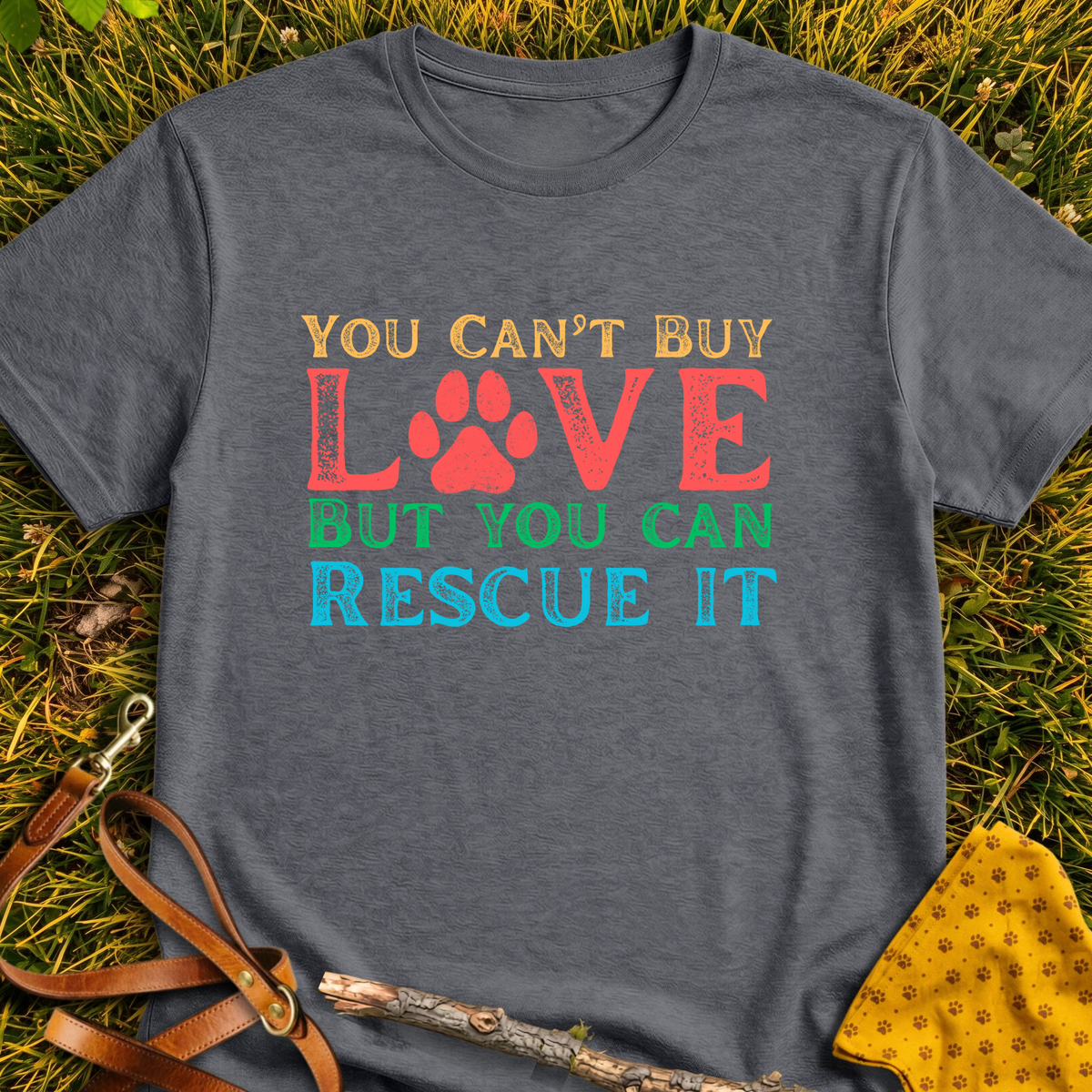 Can't Buy Love but... T-shirt T-shirt in Dark Heather - Furever Mode rescue dog tee