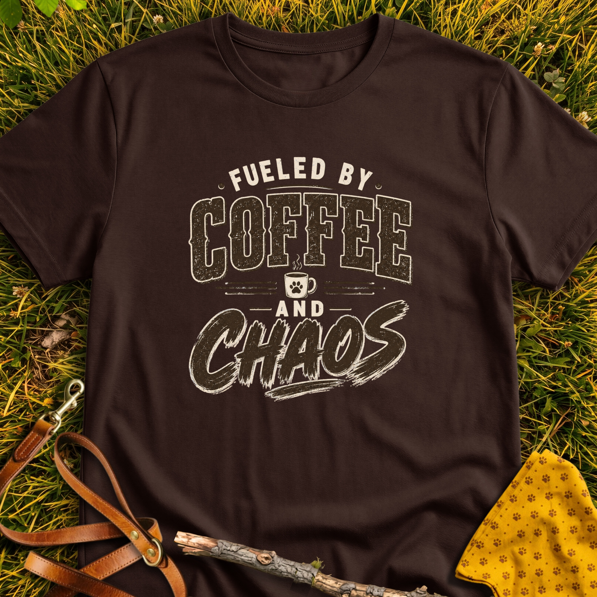 Coffee and Chaos T-shirt T-shirt in Dark Chocolate - Furever Mode rescue dog tee