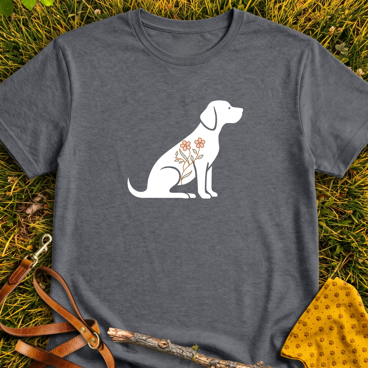 Flower Dog Silhouette T-shirt T-shirt in Dark Heather - Furever Mode rescue dog tee