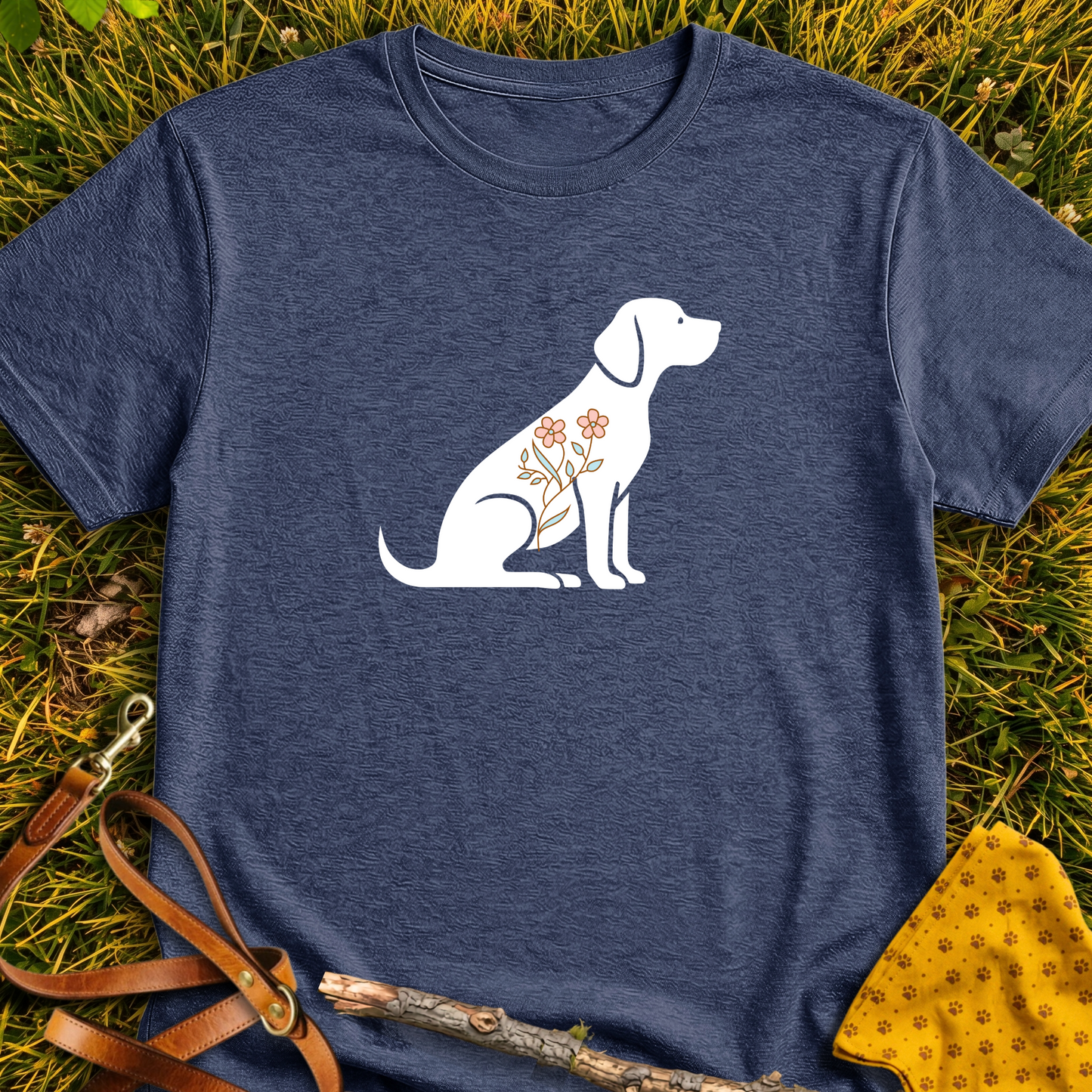Flower Dog Silhouette T-shirt T-shirt in Heather Navy - Furever Mode rescue dog tee