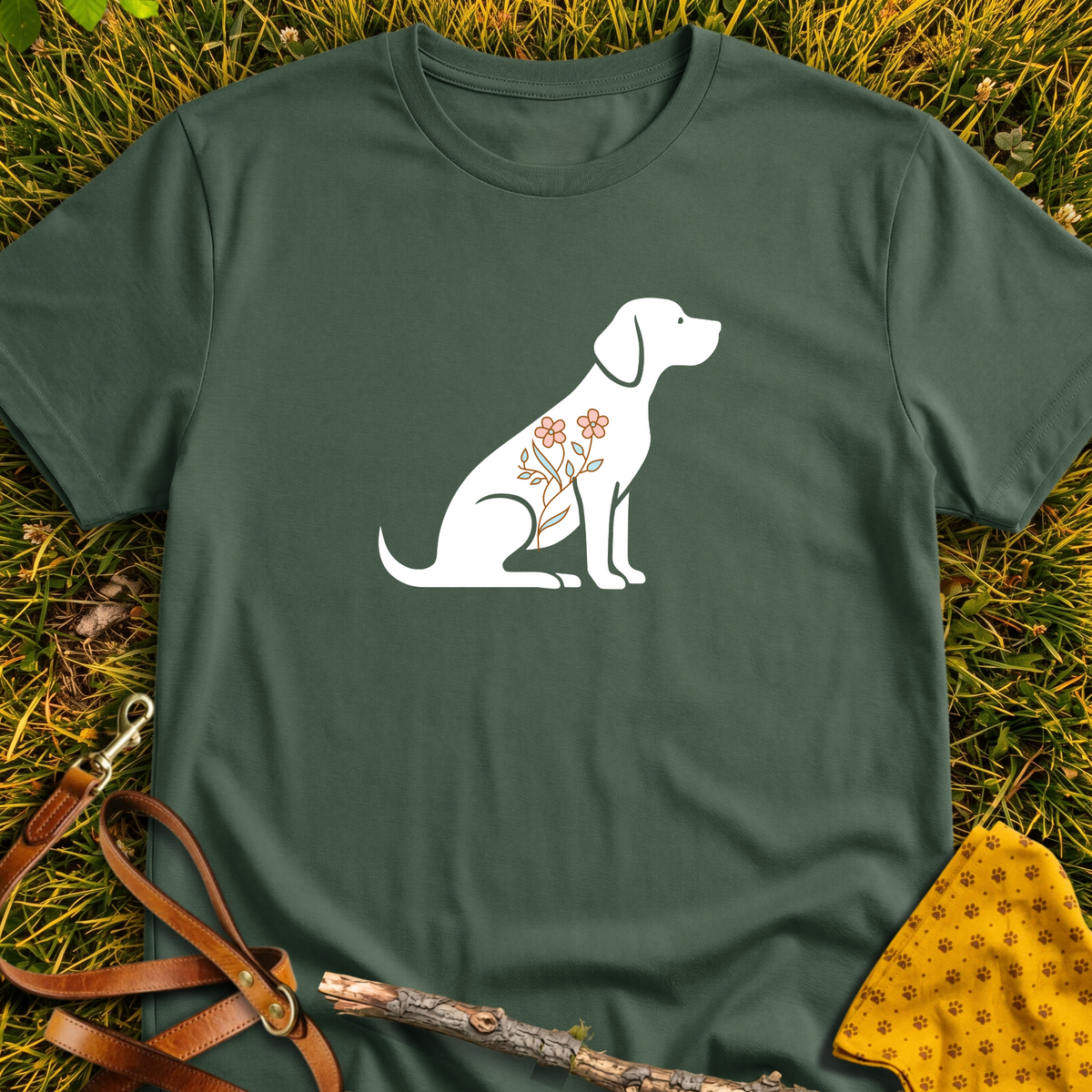 Flower Dog Silhouette T-shirt T-shirt in Military Green - Furever Mode rescue dog tee