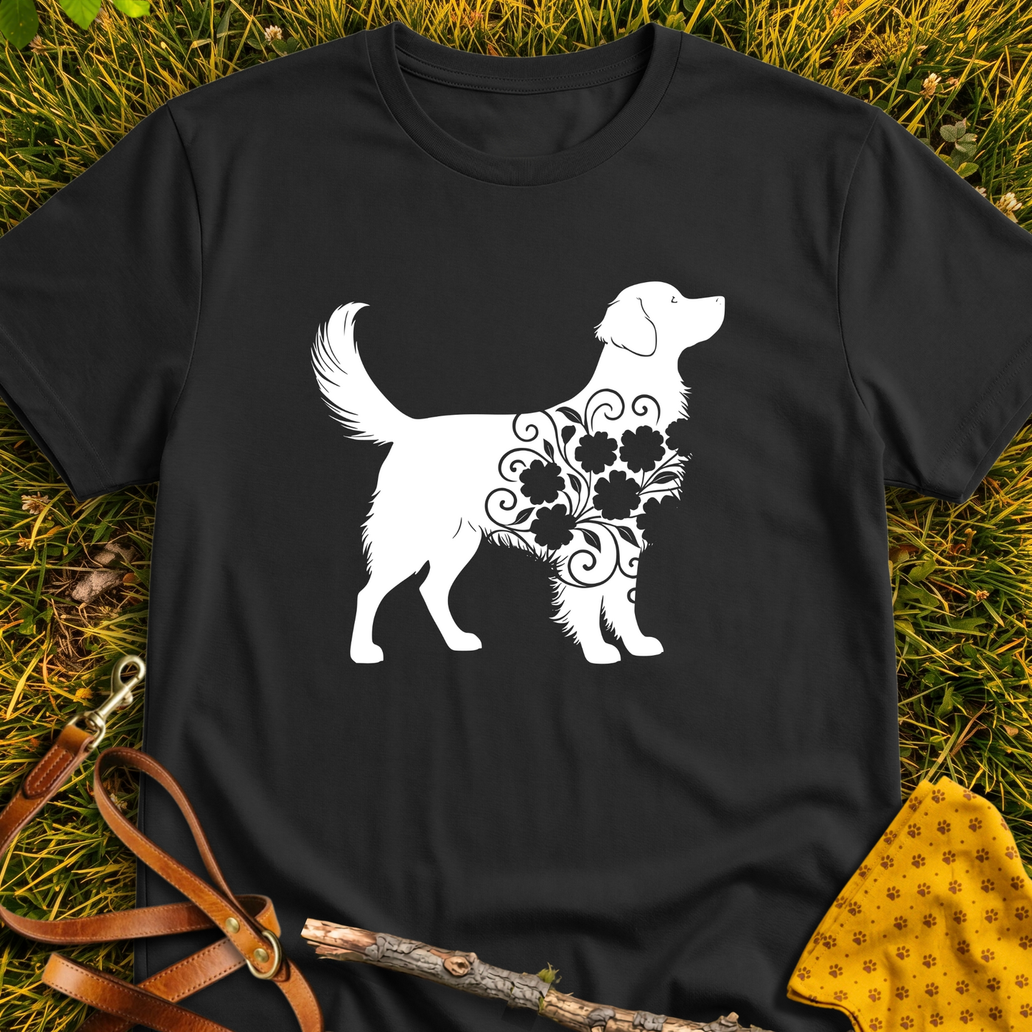 Fluffy Flower Dog Silhouette T-shirt T-shirt in Black - Furever Mode rescue dog tee