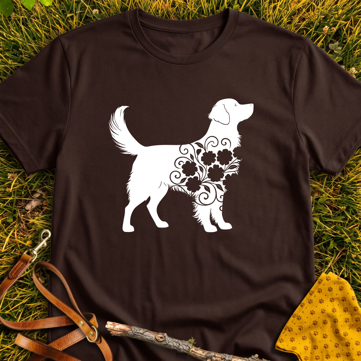 Fluffy Flower Dog Silhouette T-shirt T-shirt in Dark Chocolate - Furever Mode rescue dog tee