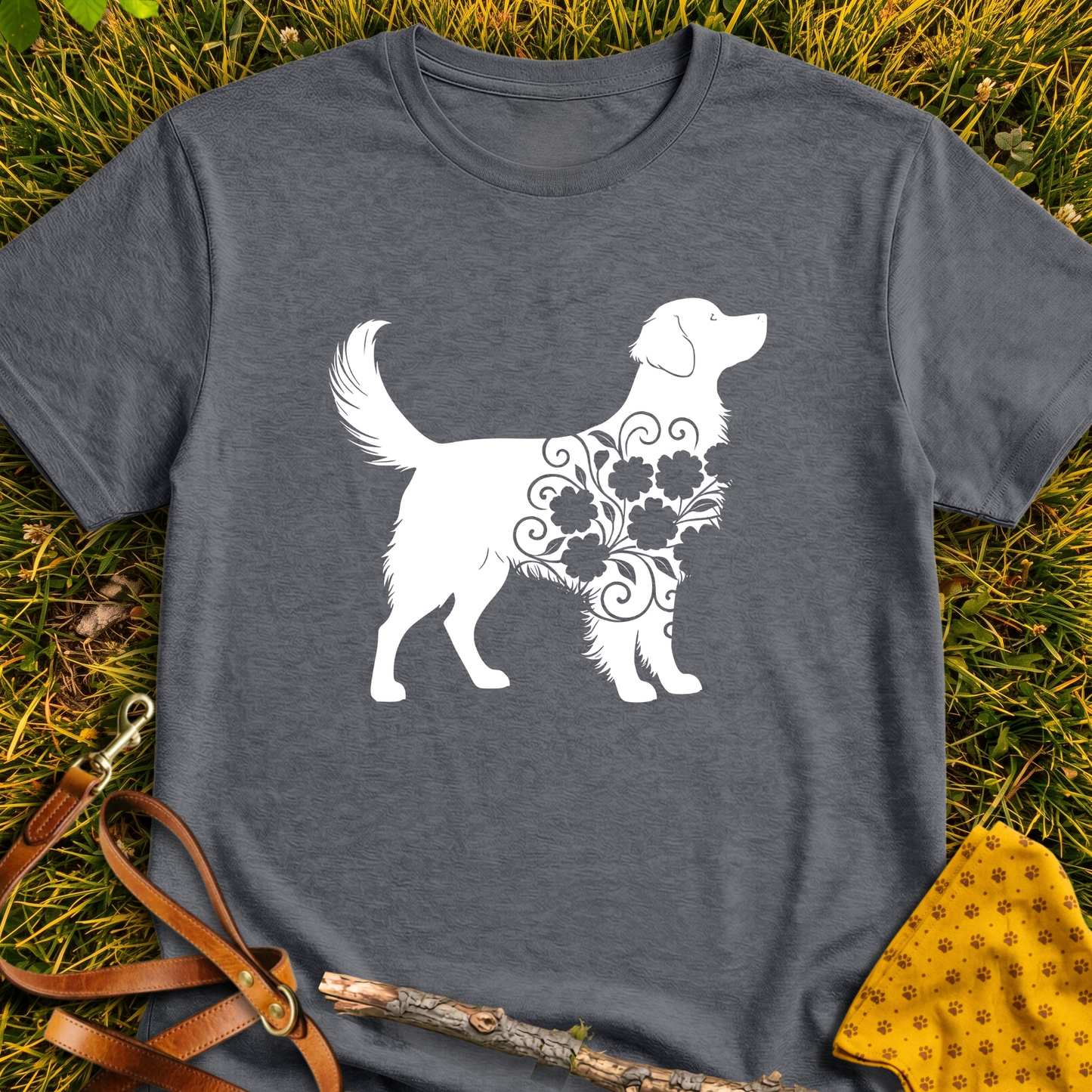 Fluffy Flower Dog Silhouette T-shirt T-shirt in Dark Heather - Furever Mode rescue dog tee