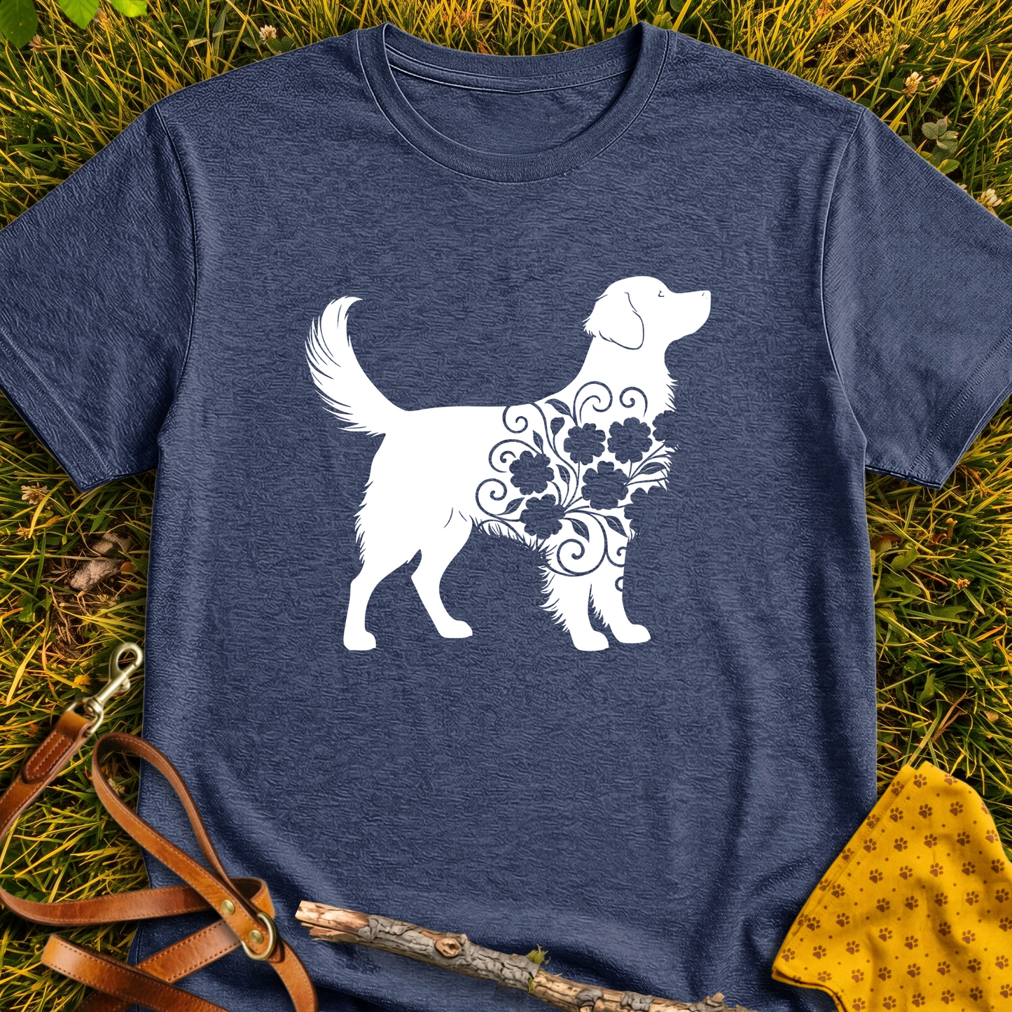 Fluffy Flower Dog Silhouette T-shirt T-shirt in Heather Navy - Furever Mode rescue dog tee