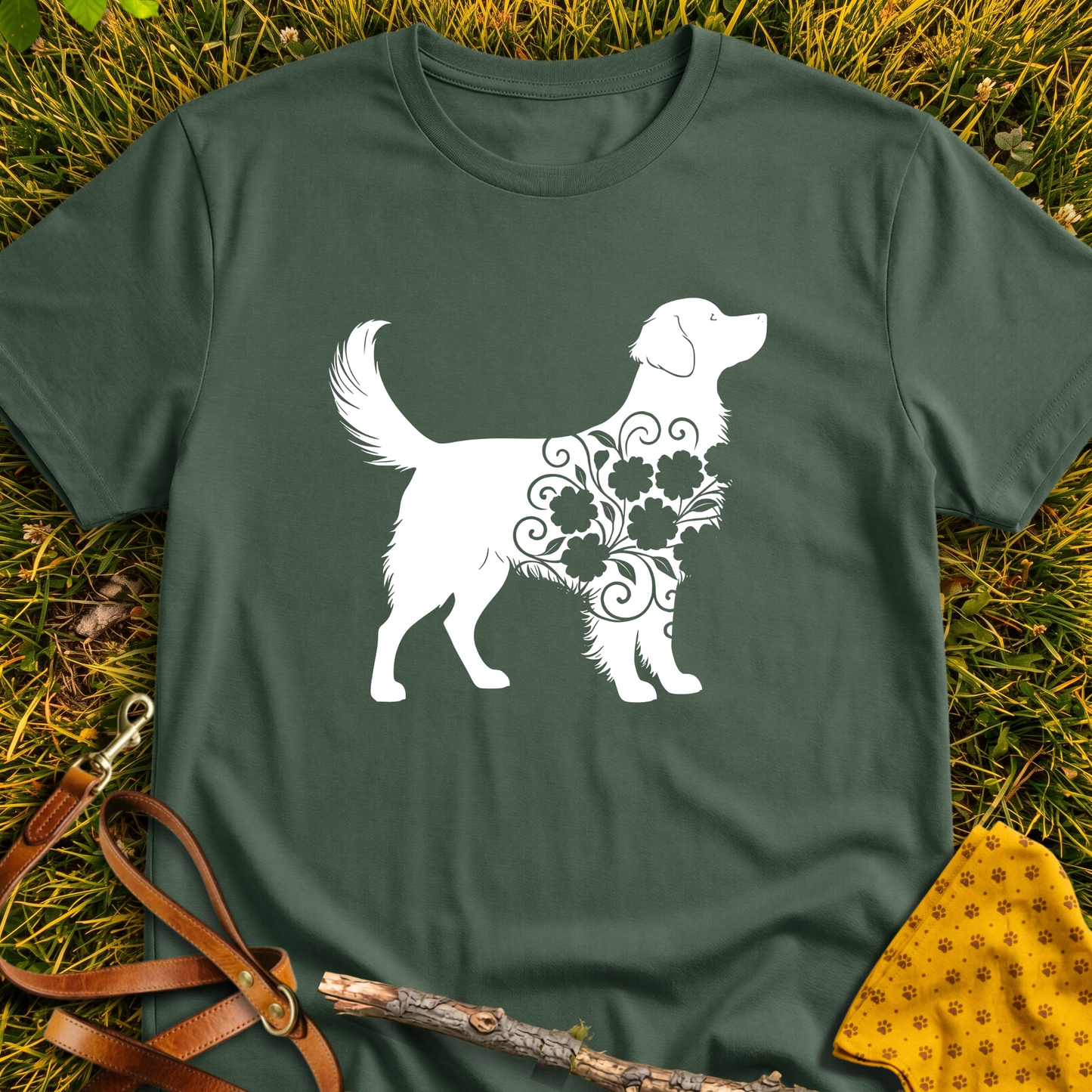 Fluffy Flower Dog Silhouette T-shirt T-shirt in Military Green - Furever Mode rescue dog tee