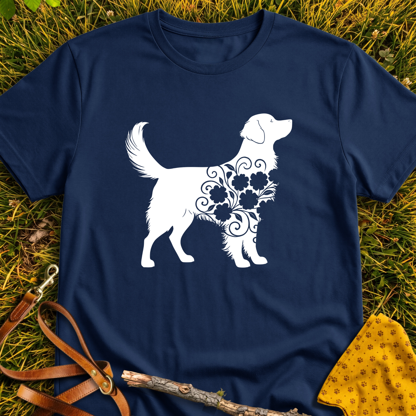 Fluffy Flower Dog Silhouette T-shirt T-shirt in Navy - Furever Mode rescue dog tee