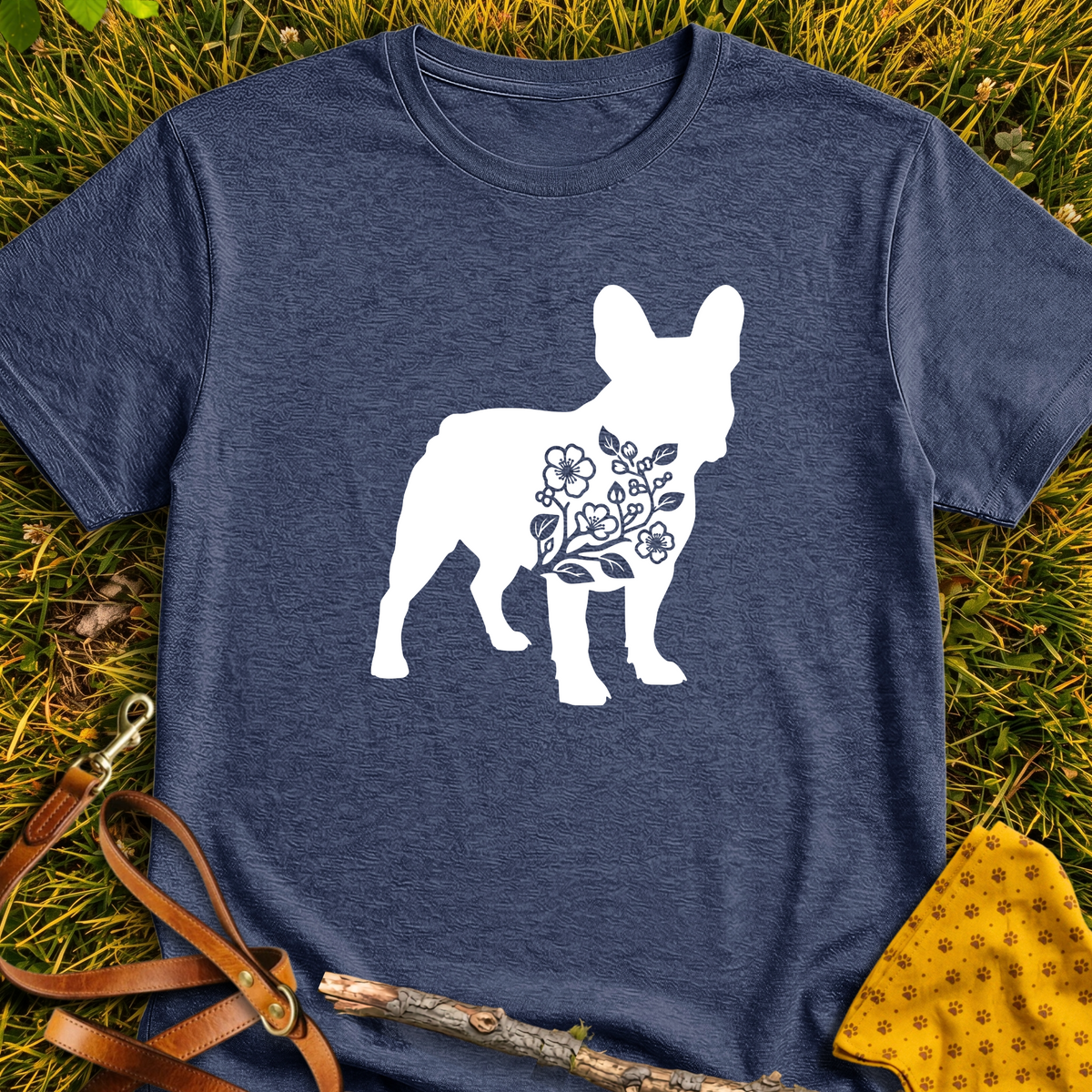 French Flower Silhouette T-shirt T-shirt in Heather Navy - Furever Mode rescue dog tee