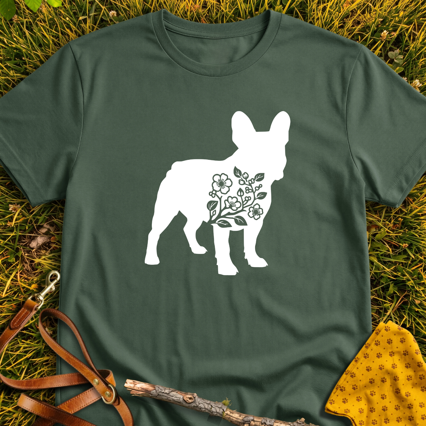 French Flower Silhouette T-shirt T-shirt in Military Green - Furever Mode rescue dog tee