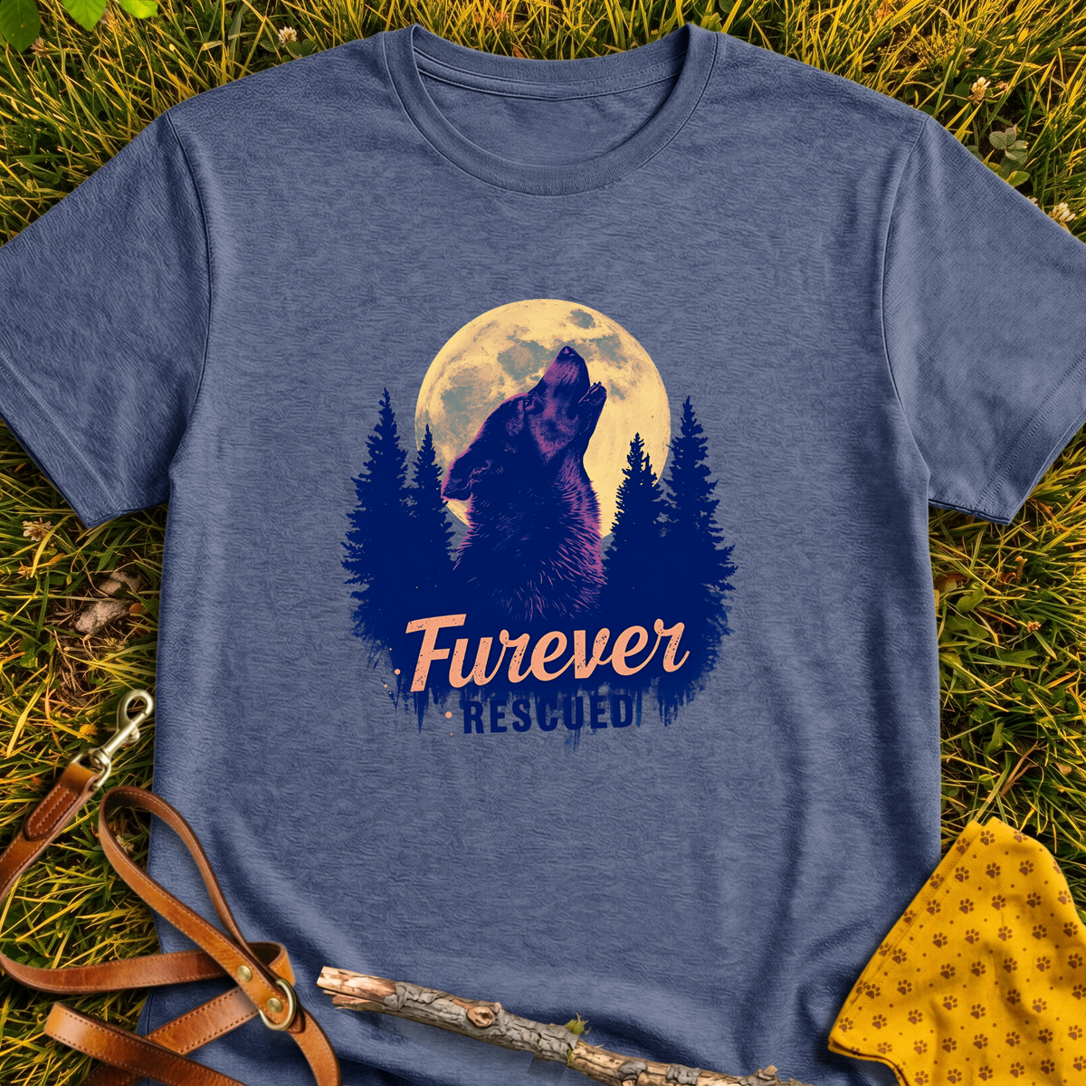 Furever Rescued Moon T-shirt T-shirt in Heather Navy - Furever Mode rescue dog tee