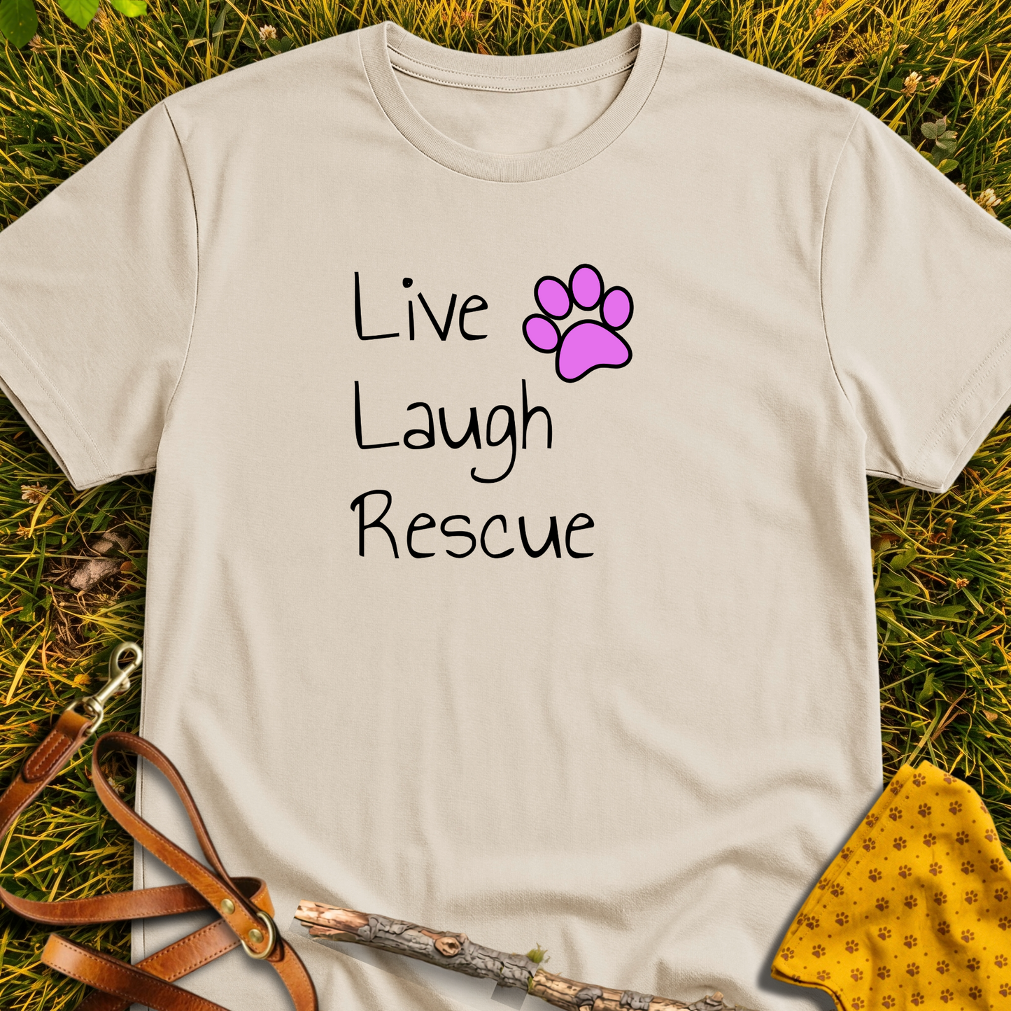 Live, Laugh, Rescue T-shirt T-shirt in Sand - Furever Mode rescue dog tee