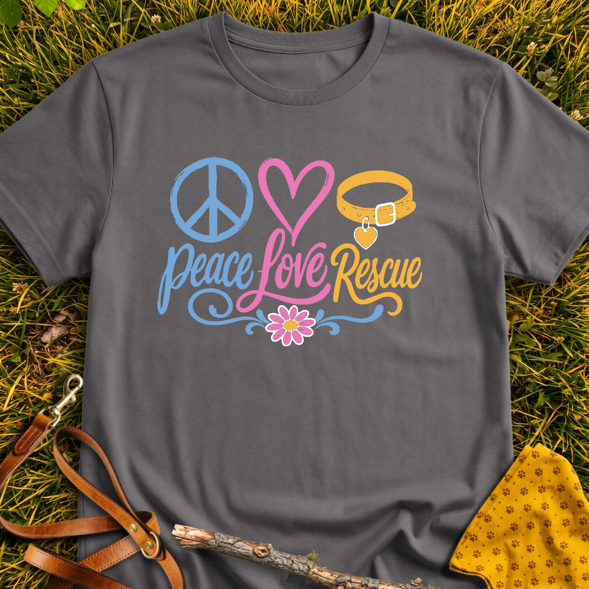 Love Peace Rescue T-shirt T-shirt in Charcoal - Furever Mode rescue dog tee