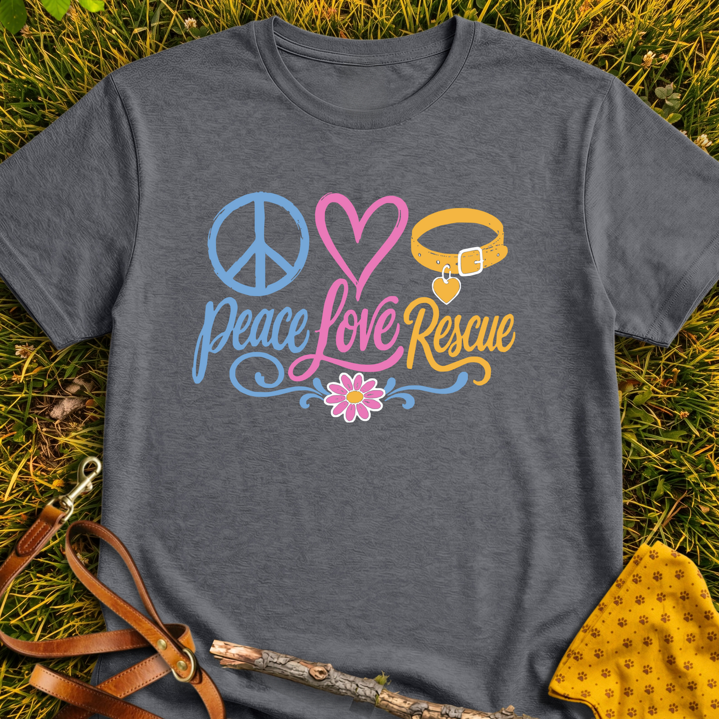 Love Peace Rescue T-shirt T-shirt in Dark Heather - Furever Mode rescue dog tee