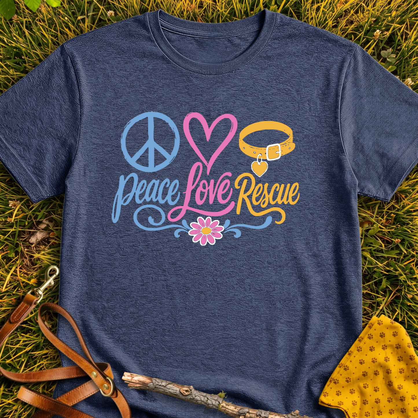 Love Peace Rescue T-shirt T-shirt in Heather Navy - Furever Mode rescue dog tee