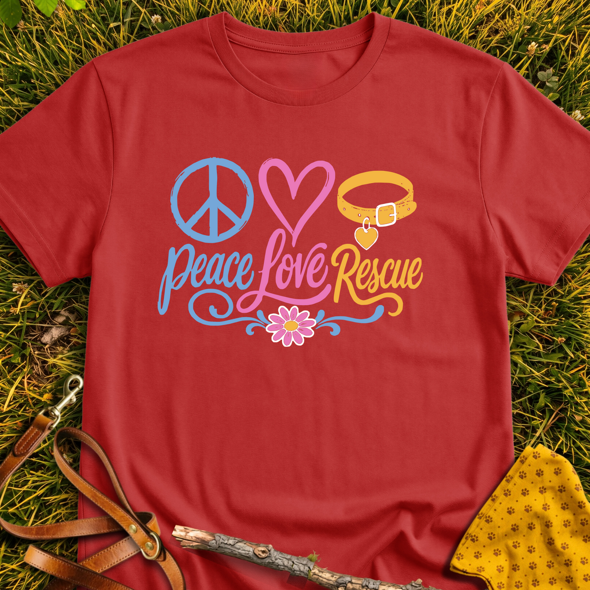 Love Peace Rescue T-shirt T-shirt in Red - Furever Mode rescue dog tee