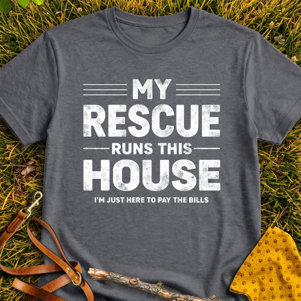 My Rescue Runs My House T-shirt T-shirt in Dark Heather - Furever Mode rescue dog tee