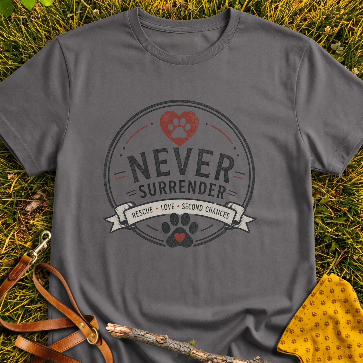 Never Surrender Circle T-shirt T-shirt in Charcoal - Furever Mode rescue dog tee