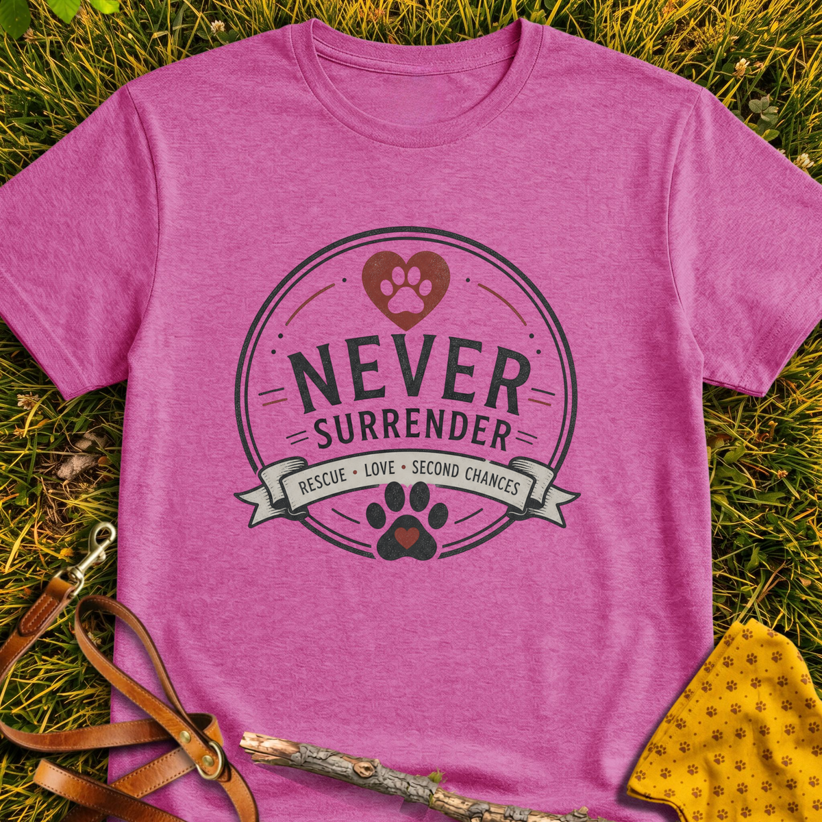 Never Surrender Circle T-shirt T-shirt in Heather Berry - Furever Mode rescue dog tee