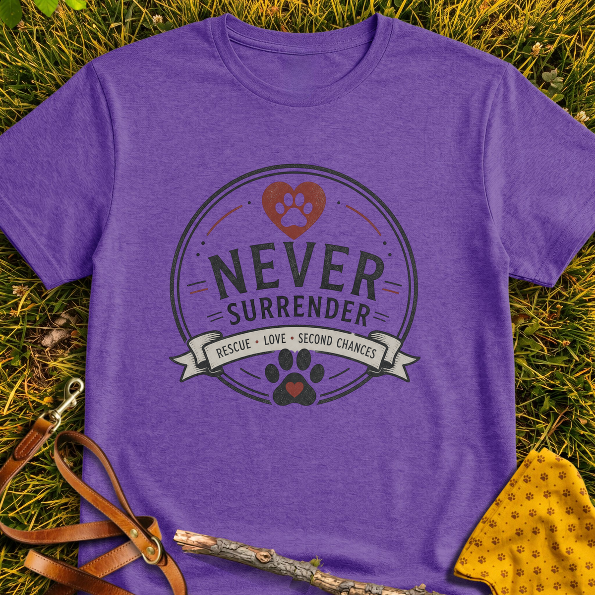 Never Surrender Circle T-shirt T-shirt in Heather Purple - Furever Mode rescue dog tee