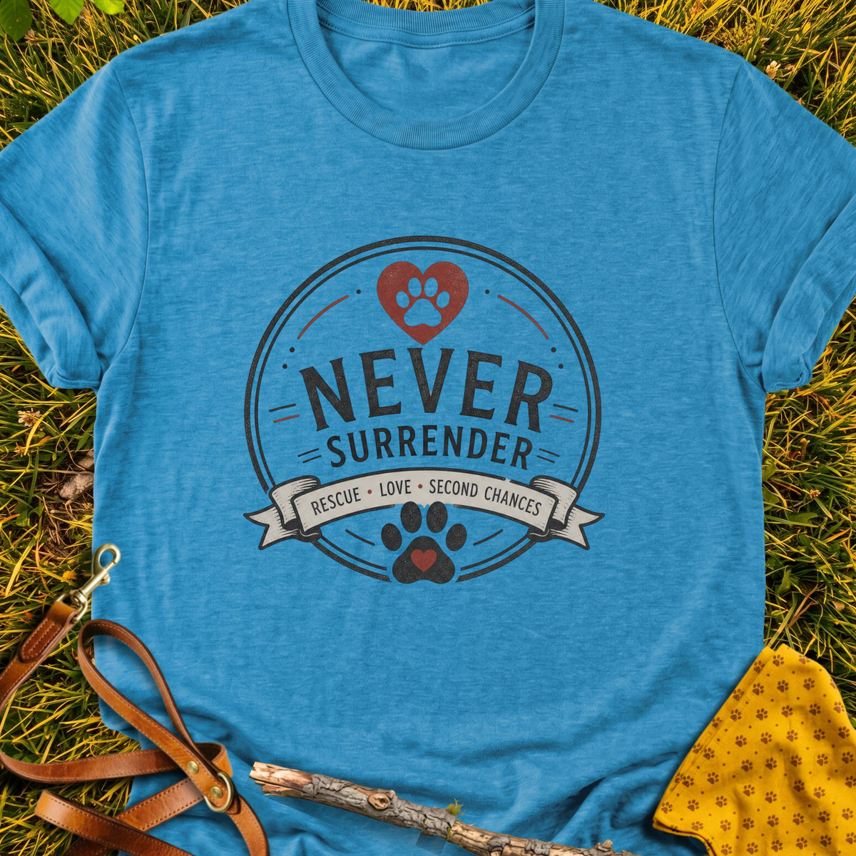 Never Surrender Circle T-shirt T-shirt in Heather Sapphire - Furever Mode rescue dog tee