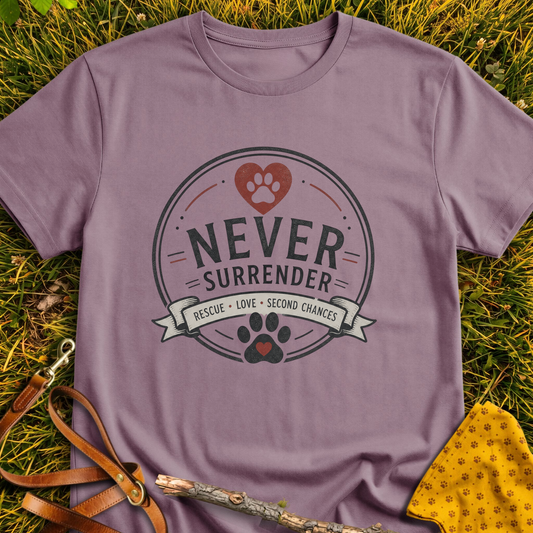 Never Surrender Circle T-shirt T-shirt in Paragon - Furever Mode rescue dog tee