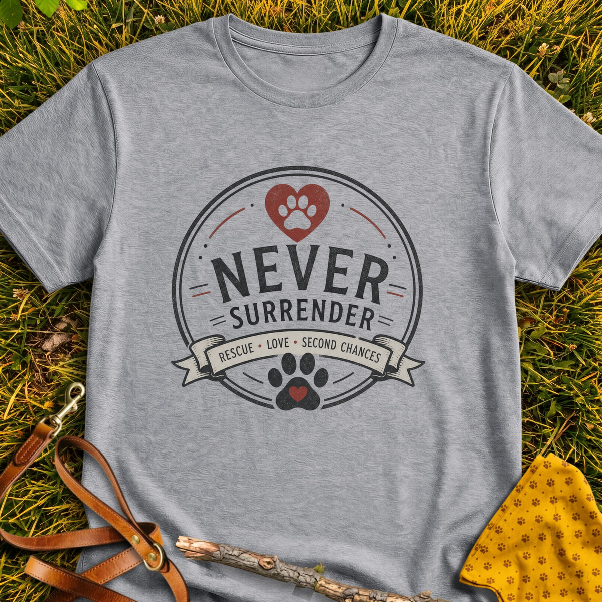 Never Surrender Circle T-shirt T-shirt in Sport Grey - Furever Mode rescue dog tee
