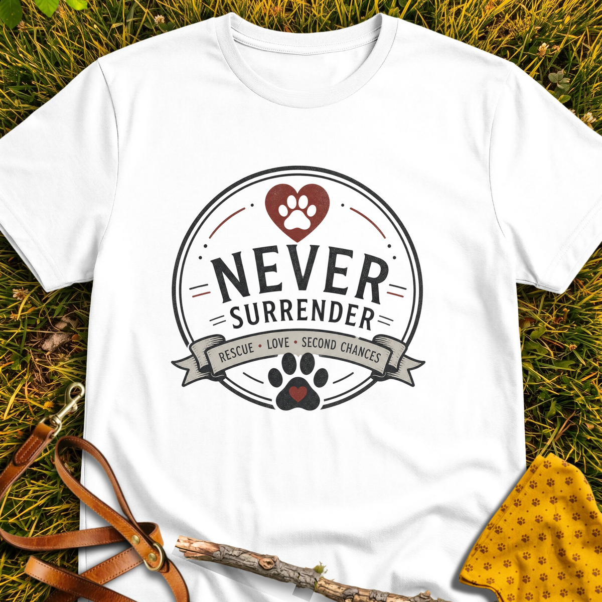 Never Surrender Circle T-shirt T-shirt in White - Furever Mode rescue dog tee