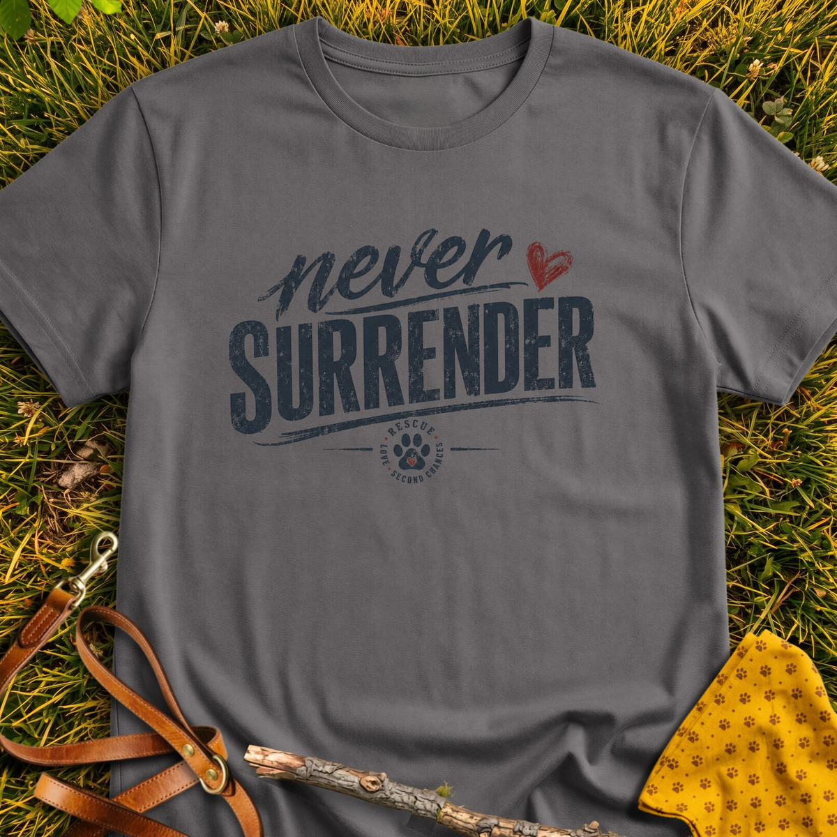 Never Surrender Paw T-shirt T-shirt in Charcoal - Furever Mode rescue dog tee