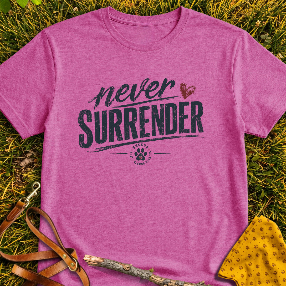 Never Surrender Paw T-shirt T-shirt in Heather Berry - Furever Mode rescue dog tee