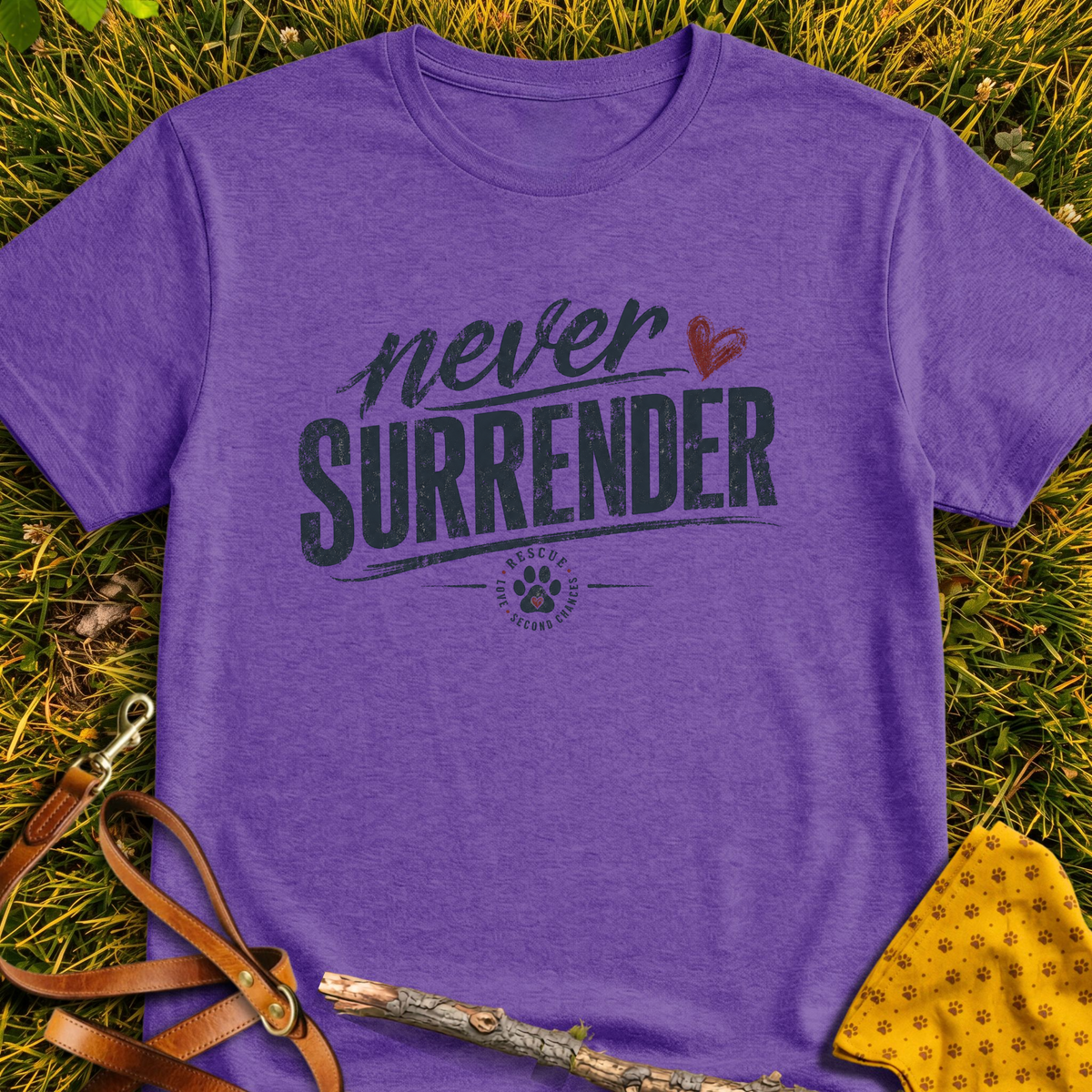 Never Surrender Paw T-shirt T-shirt in Heather Purple - Furever Mode rescue dog tee