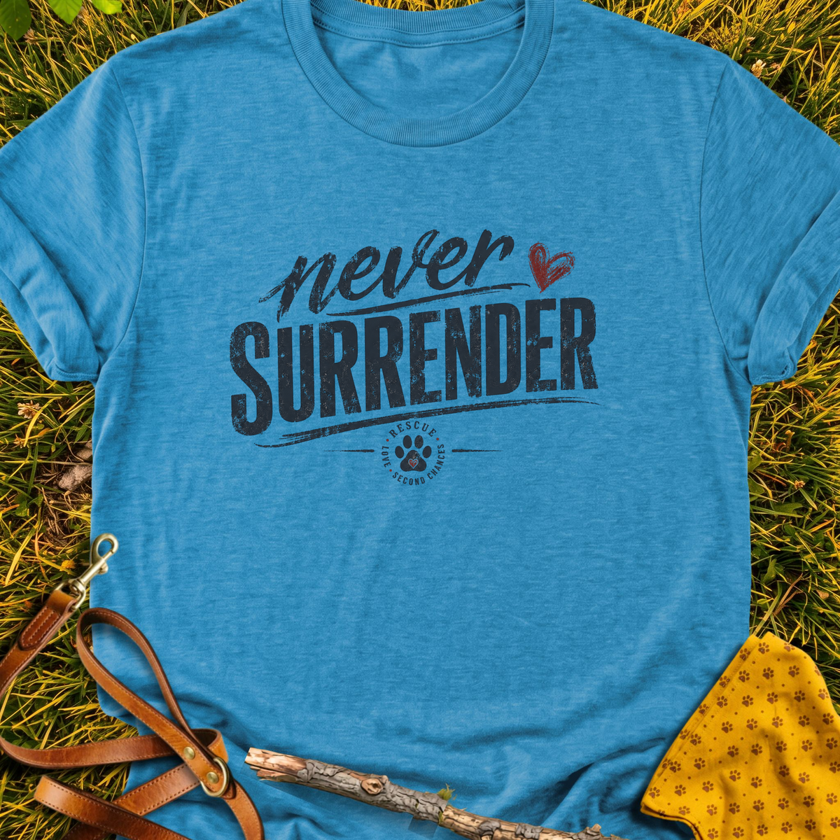 Never Surrender Paw T-shirt T-shirt in Heather Sapphire - Furever Mode rescue dog tee