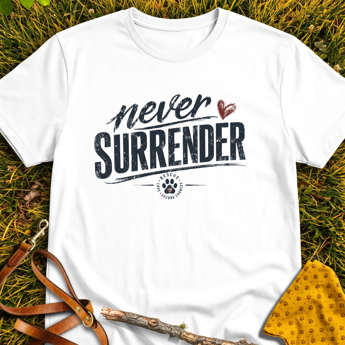 Never Surrender Paw T-shirt T-shirt in White - Furever Mode rescue dog tee
