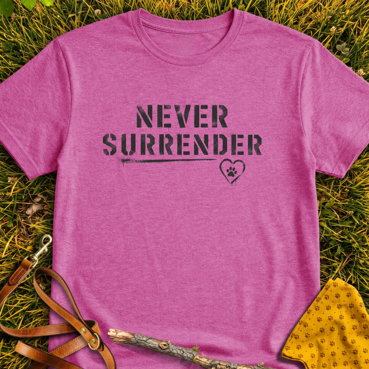 Never Surrender T-shirt T-shirt in Heather Berry - Furever Mode rescue dog tee