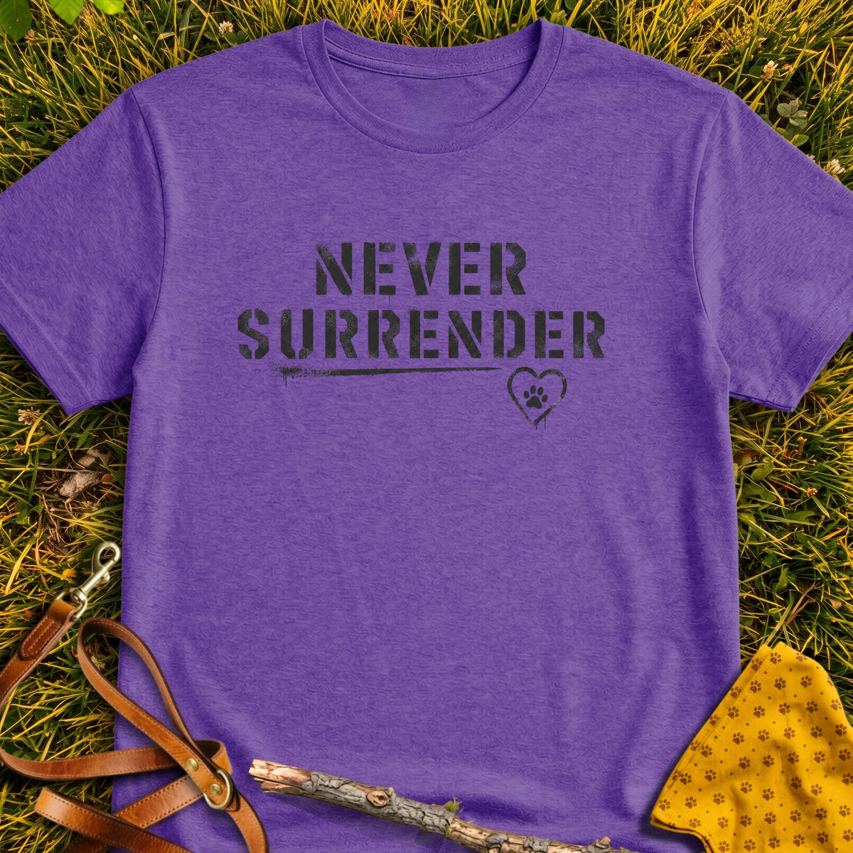 Never Surrender T-shirt T-shirt in Heather Purple - Furever Mode rescue dog tee