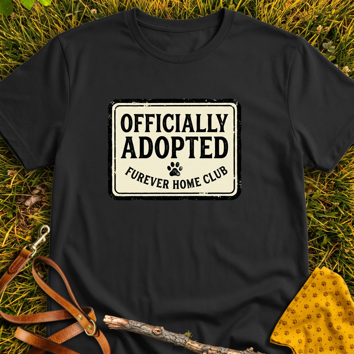 Officially Adopted Rectangle T-shirt T-shirt in Black - Furever Mode rescue dog tee