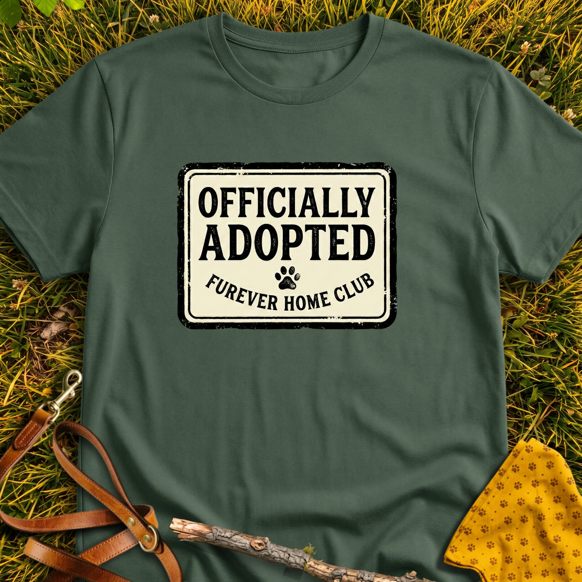 Officially Adopted Rectangle T-shirt T-shirt in Military Green - Furever Mode rescue dog tee
