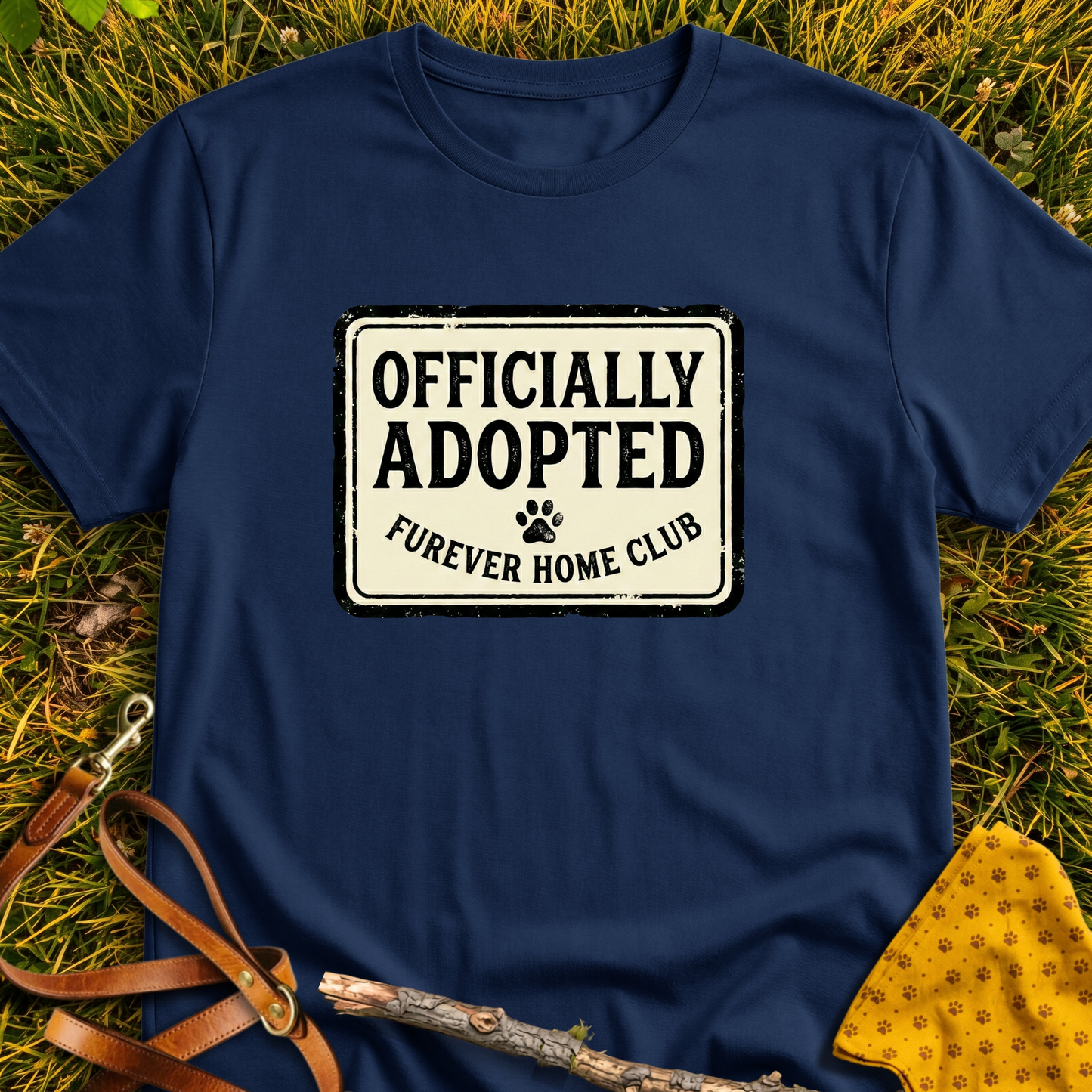 Officially Adopted Rectangle T-shirt T-shirt in Navy - Furever Mode rescue dog tee