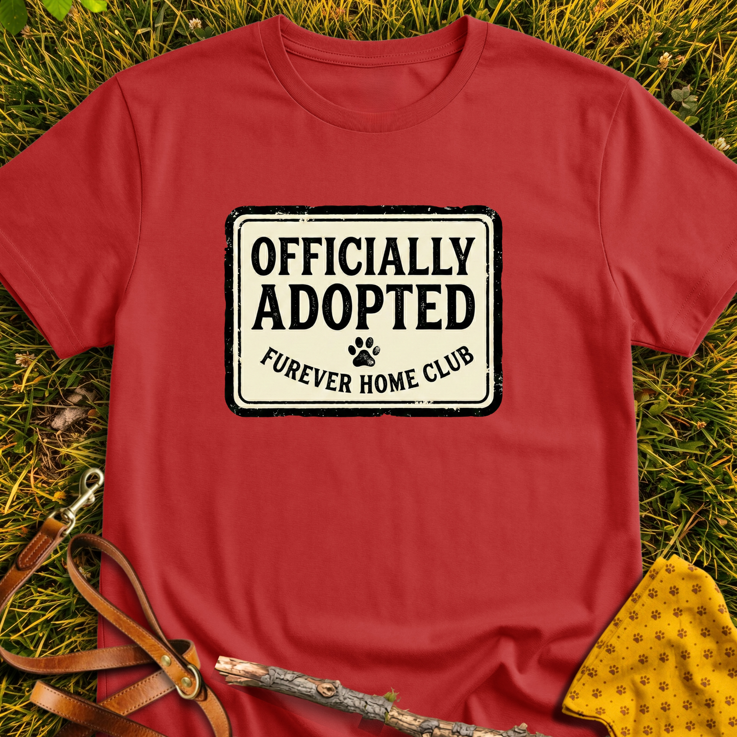 Officially Adopted Rectangle T-shirt T-shirt in Red - Furever Mode rescue dog tee