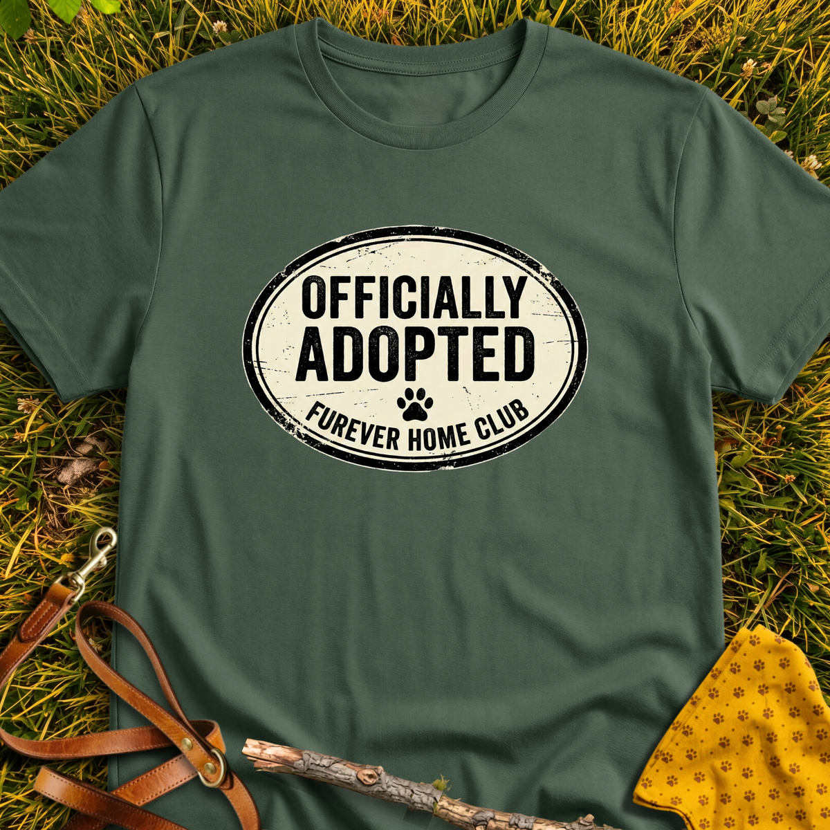 Officially Adopted T-shirt T-shirt in Military Green - Furever Mode rescue dog tee