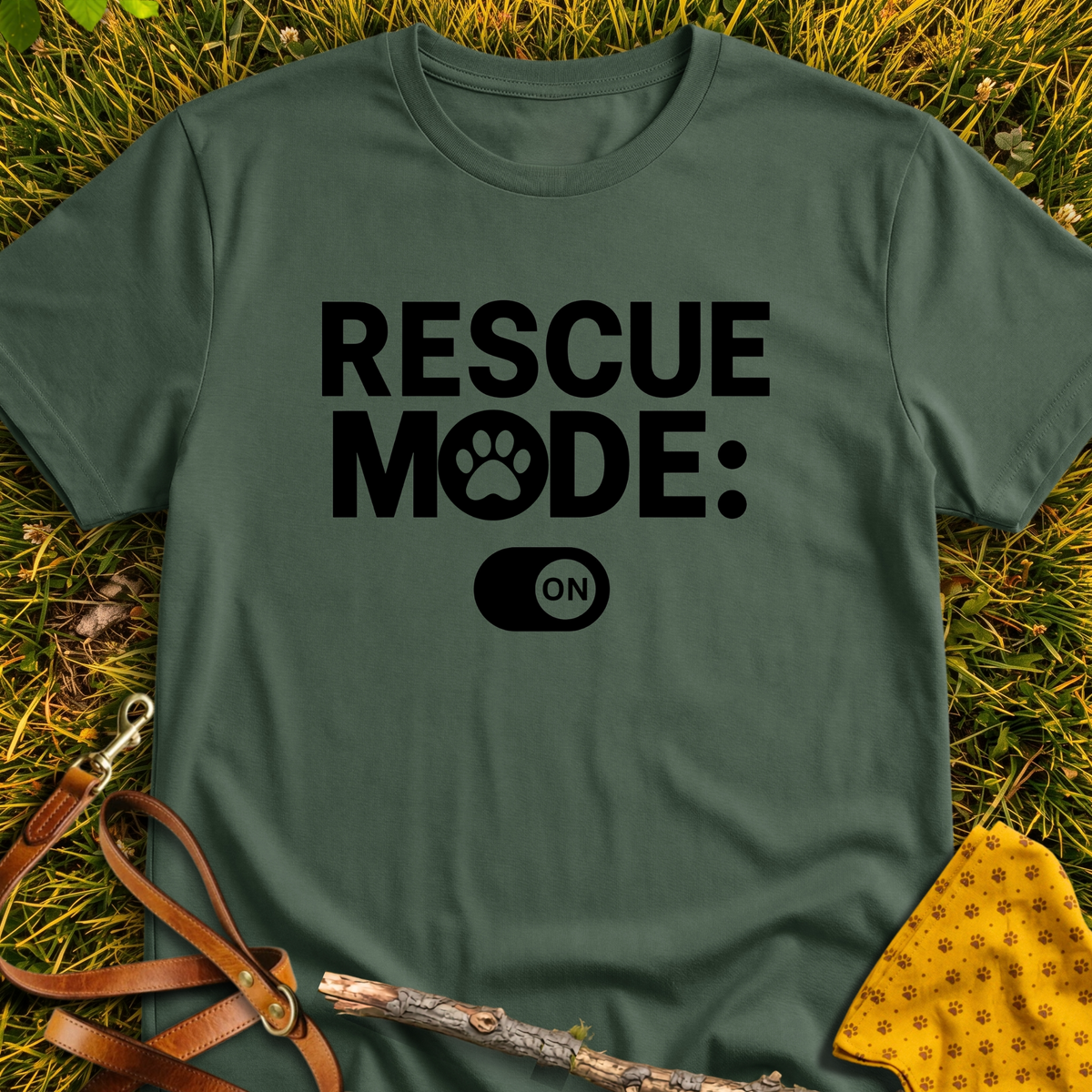 Rescue Mode: ON T-shirt T-shirt in Military Green - Furever Mode rescue dog tee