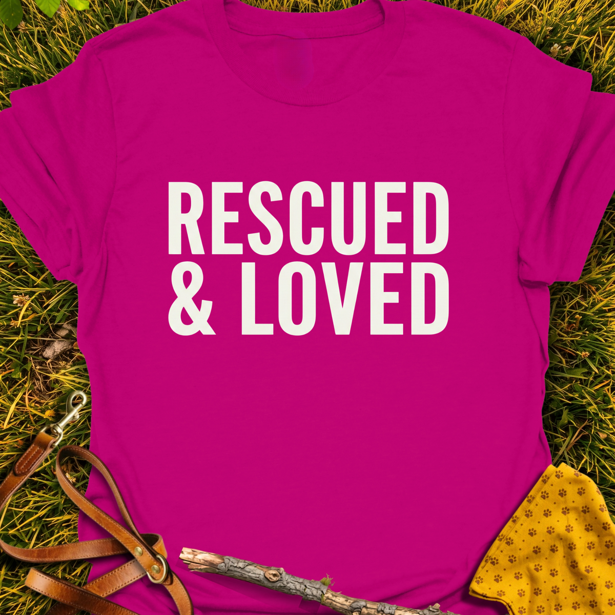 Rescued & Loved T-shirt T-shirt in Antique Heliconia - Furever Mode rescue dog tee