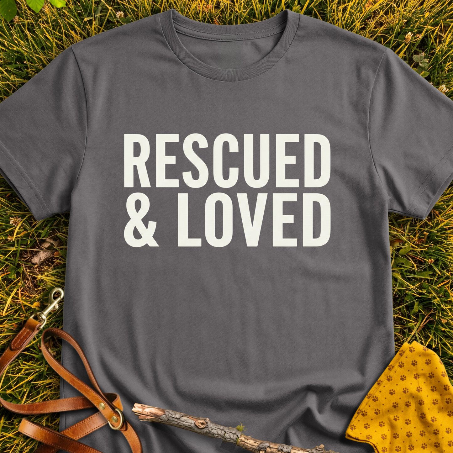 Rescued & Loved T-shirt T-shirt in Charcoal - Furever Mode rescue dog tee
