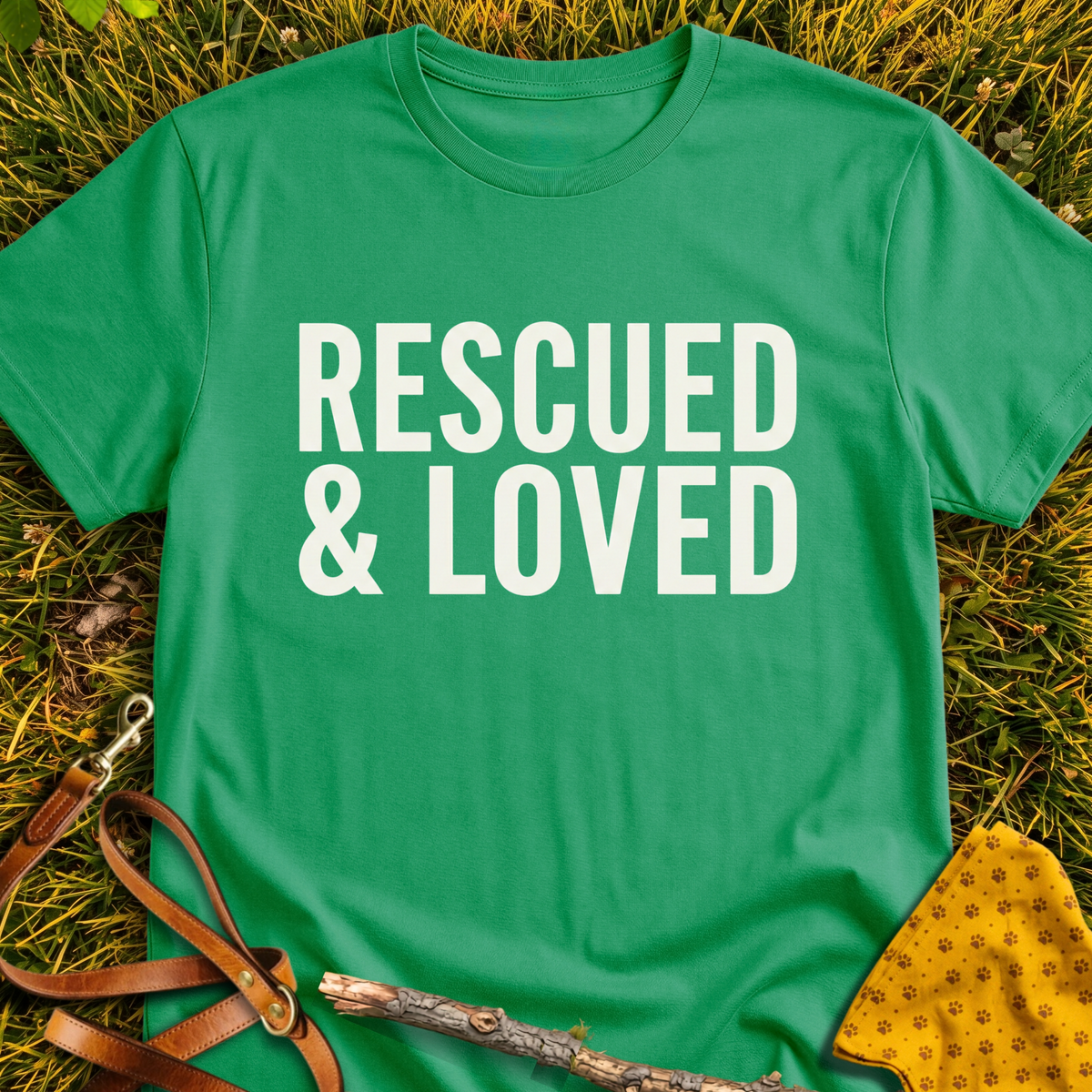 Rescued & Loved T-shirt T-shirt in Irish Green - Furever Mode rescue dog tee