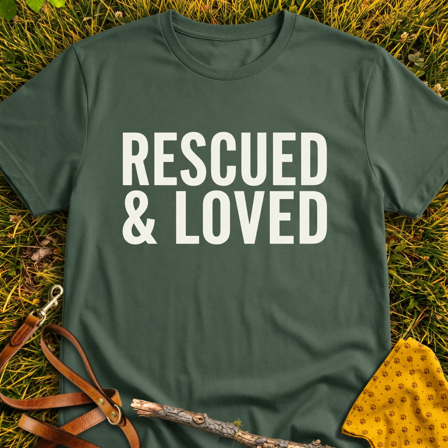 Rescued & Loved T-shirt T-shirt in Military Green - Furever Mode rescue dog tee